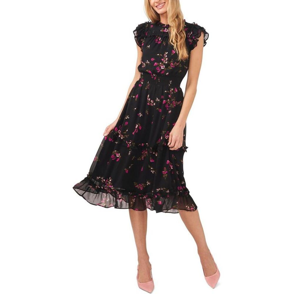 CeCe Womens Fallen Leaves Black Floral Long Smocked Maxi Dress NWT
